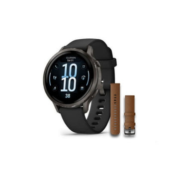 Garmin Venu 4 45mm Slate - Silicone Black Smart Watch With Brown Leather Band